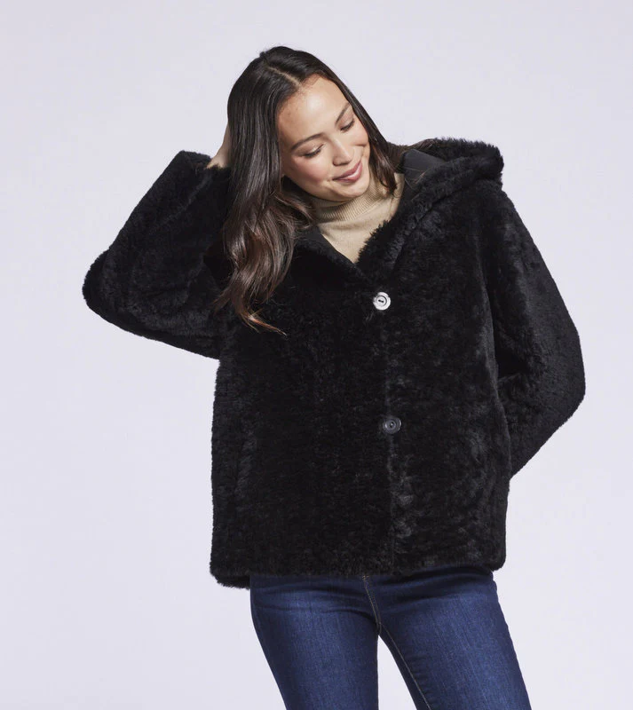 399HDB  Reversible hooded shearling jacket in black   soldout - Image 3
