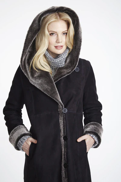 #6423 Long Hooded  Shearling Coat - Image 5